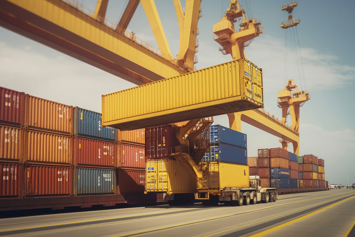 huge cargo crane of a harbor loading a yellow container. Ai gene